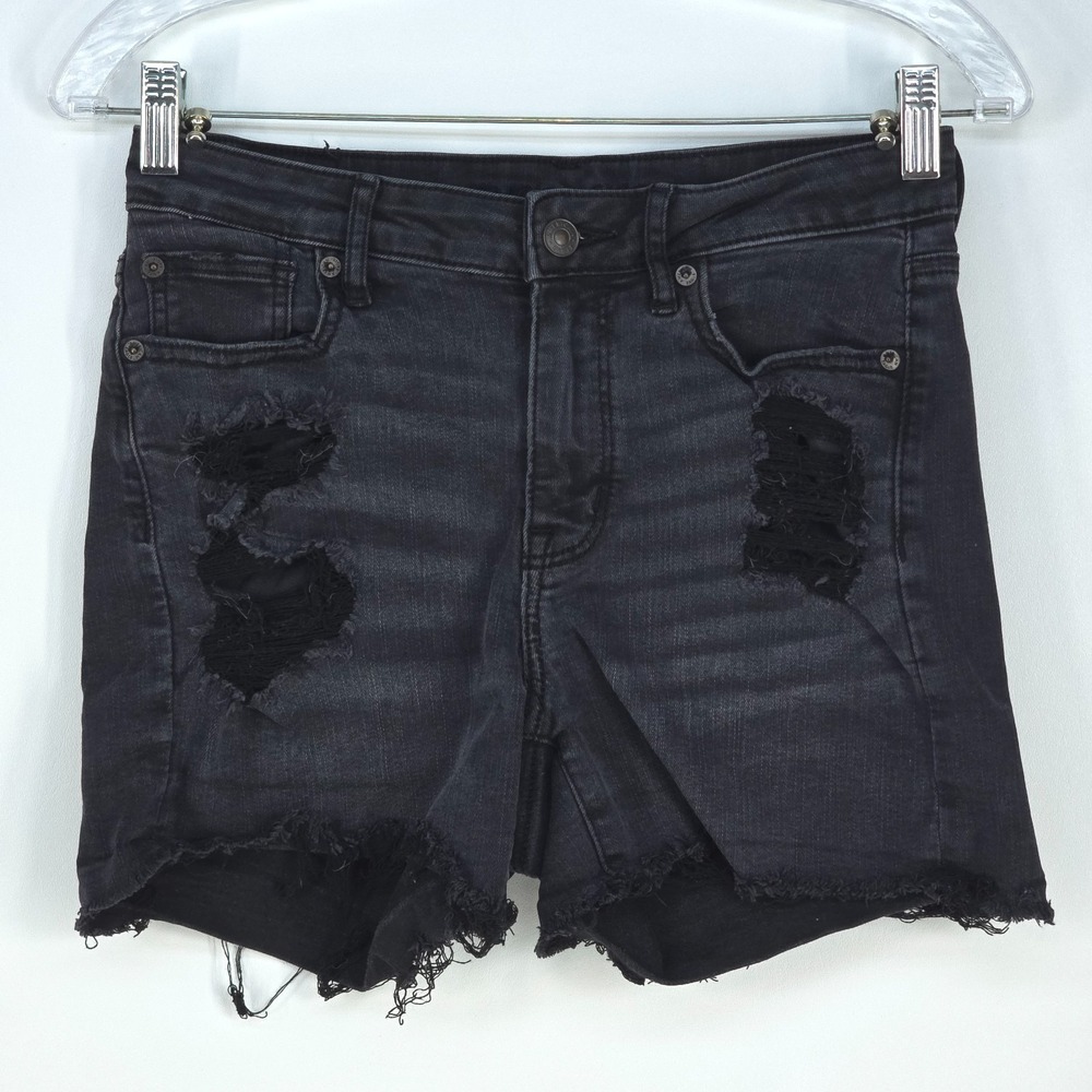 American Eagle Hi Rise Shortie Shorts Womens 4 Stretch Summer Denim Fray Raw Hem